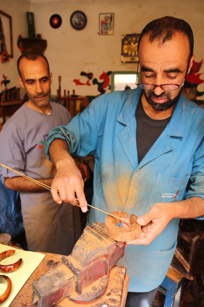 Thuya wood jewelry carvers in Essaouira.