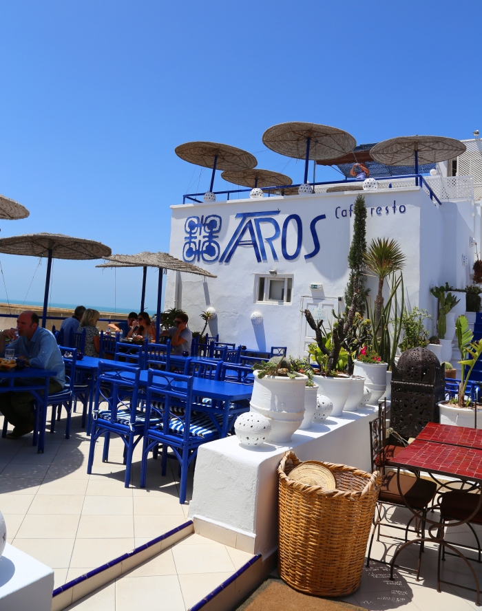 The colorful Taros restaurant overlooking the ocean in Essaouira.